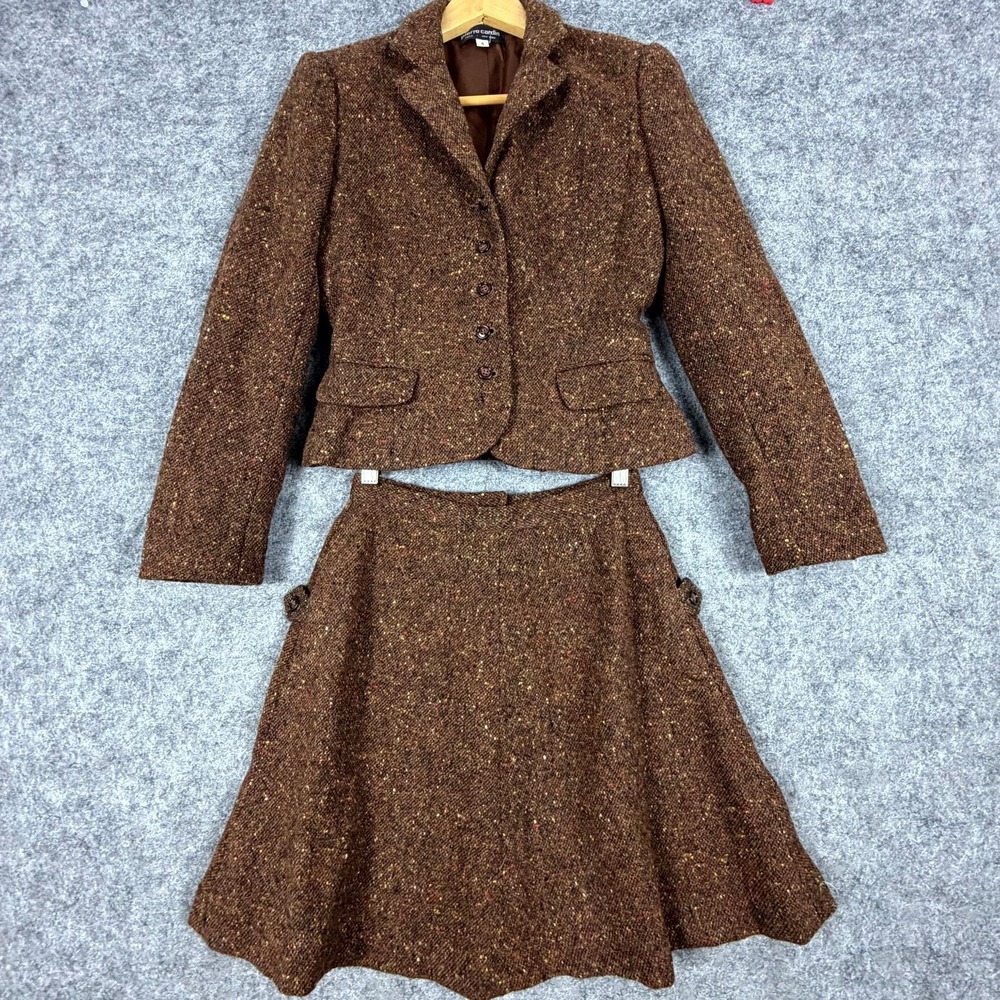 Vintage Pierre Cardin 2 Piece Skirt Suit Womens 4 Brown Wool Dark Academia Tweed